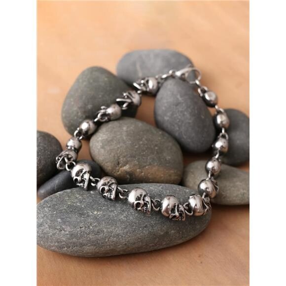 stainless steel skull bracelet mens gothic punk rock biker chain bead jewelry - Picture 5 of 7